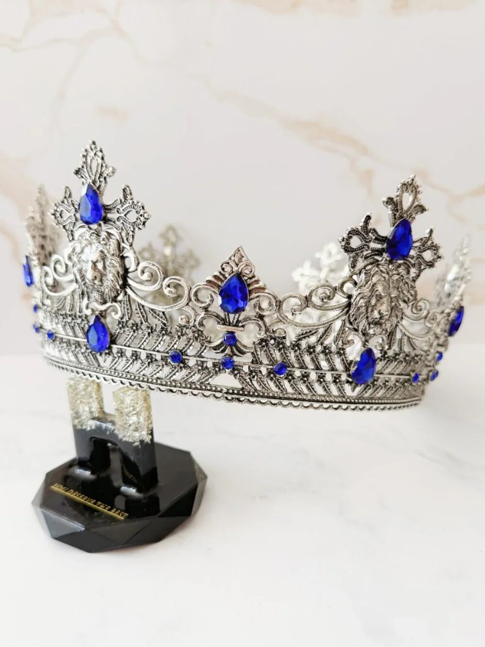 Silver Lion King Crown Blue Crystal Cross Medieval Royal Cosplay Wedding Prom